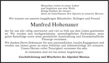 Todesanzeige von Manfred Hohenauer von MERKUR & TZ