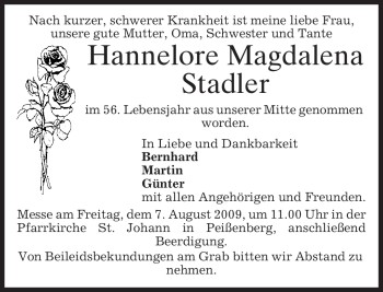 Todesanzeige von Hannelore Magdalena Stadler von MERKUR & TZ