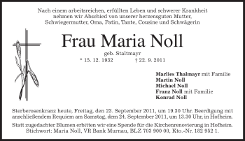 Todesanzeige von Maria Noll von MERKUR & TZ