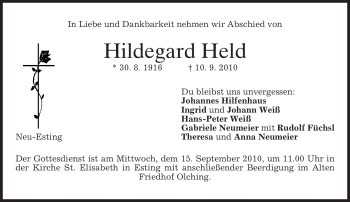 Todesanzeige von Hildegard Held von MERKUR & TZ