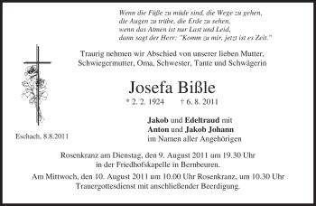 Todesanzeige von Josefa Bißle von MERKUR & TZ