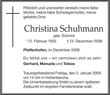 Todesanzeige von Christina Schuhmann von MERKUR & TZ