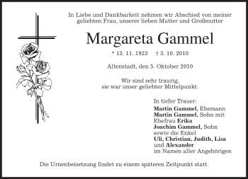 Todesanzeige von Margareta Gammel von MERKUR & TZ