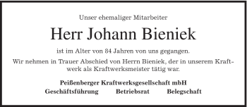 Todesanzeige von Johann Bieniek von MERKUR & TZ