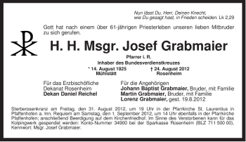 Todesanzeige von Josef Grabmaier von MERKUR & TZ