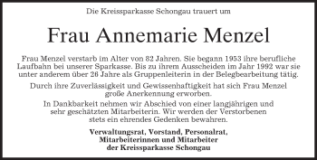 Todesanzeige von Annemarie Menzel von merkurtz