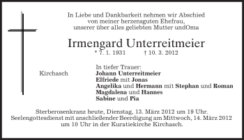 Todesanzeige von Irmengard Unterreitmeier von MERKUR & TZ