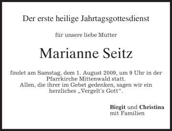 Todesanzeige von Marianne Seitz von MERKUR & TZ