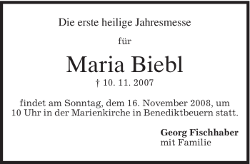Todesanzeige von Maria Biebl von MERKUR & TZ