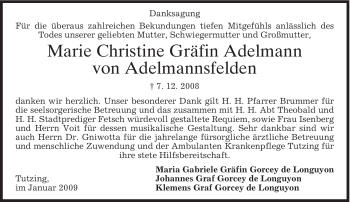 Todesanzeige von Marie Christine von Adelmannsfelden von MERKUR & TZ