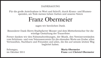 Todesanzeige von Franz Obermeier von MERKUR & TZ