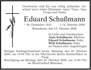 Todesanzeige von Eduard Schußmann von MERKUR & TZ