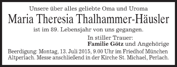 Todesanzeige von Maria Theresia Thalhammer-Häusler von merkurtz