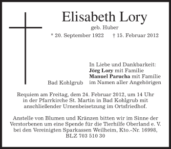 Todesanzeige von Elisabeth Lory von MERKUR & TZ