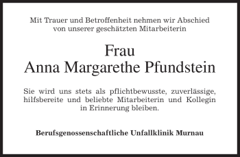Todesanzeige von Anna Margarethe Pfundstein von MERKUR & TZ
