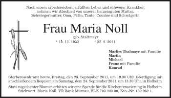 Todesanzeige von Maria Noll von MERKUR & TZ
