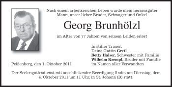 Todesanzeige von Georg Brunhölzl von MERKUR & TZ