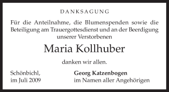 Todesanzeige von Maria Kollhuber von MERKUR & TZ