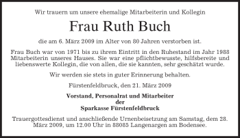 Todesanzeige von Ruth Buch von MERKUR & TZ