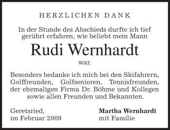 Todesanzeige von Rudi Wernhardt von MERKUR & TZ