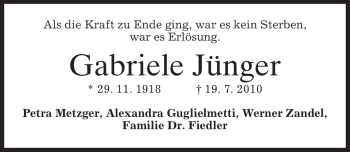 Todesanzeige von Gabriele Jünger von MERKUR & TZ