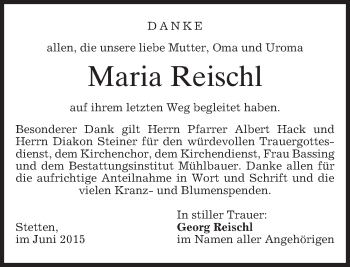 Todesanzeige von Maria Reischl von merkurtz