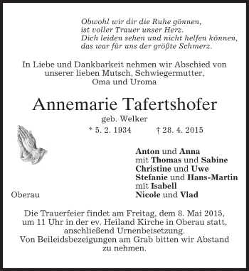 Todesanzeige von Annemarie Tafertshofer von merkurtz