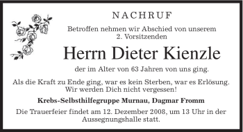 Todesanzeige von Dieter Kienzle von MERKUR & TZ