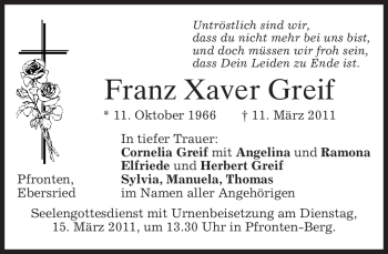 Todesanzeige von Franz Xaver Greif von MERKUR & TZ