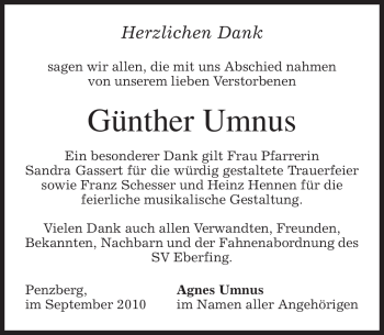 Todesanzeige von Günther Umnus von MERKUR & TZ