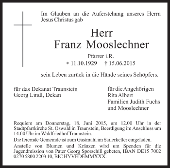 Todesanzeige von Franz Mooslechner von merkurtz