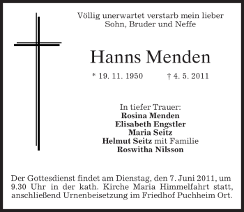 Todesanzeige von Hanns Menden von MERKUR & TZ