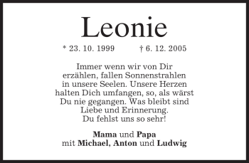 Todesanzeige von Leonie Unbekannt von MERKUR & TZ