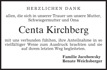 Todesanzeige von Centa Kirchberg von MERKUR & TZ