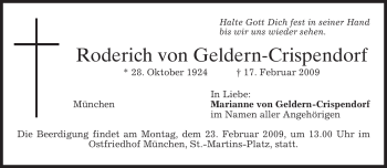 Todesanzeige von Roderich von Geldern-Crispendorf von MERKUR & TZ