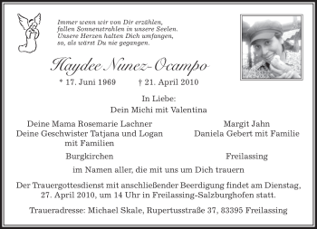 Todesanzeige von Haydee Nunez-Ocampo von MERKUR & TZ