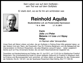 Todesanzeige von Reinhold Aquila von MERKUR & TZ