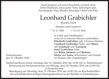 Todesanzeige von Leonhard Grabichler von MERKUR & TZ