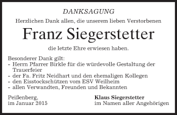 Todesanzeige von Franz Siegerstetter von merkurtz