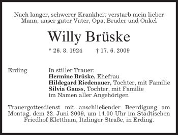 Todesanzeige von Willy Brüske von MERKUR & TZ