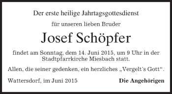 Todesanzeige von Josef Schöpfer von merkurtz