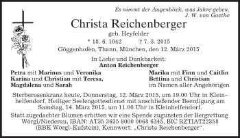 Todesanzeige von Christa Reichenberger von merkurtz