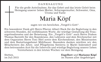 Todesanzeige von Maria Köpf von merkurtz
