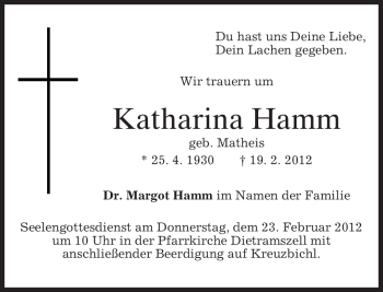 Todesanzeige von Katharina Hamm von MERKUR & TZ