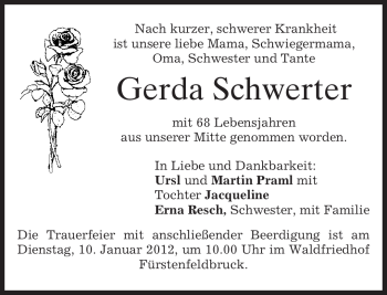 Todesanzeige von Gerda Schwerter von MERKUR & TZ