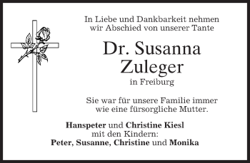 Todesanzeige von Susanna Zuleger von merkurtz