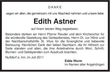 Todesanzeige von Edith Astner von MERKUR & TZ
