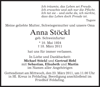 Todesanzeige von Anna Stöckl von MERKUR & TZ