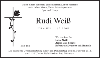 Todesanzeige von Rudi Weiß von MERKUR & TZ