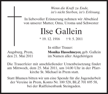 Todesanzeige von Ilse Gallein von MERKUR & TZ